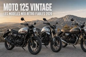 Trois motos vintage sur route montagne