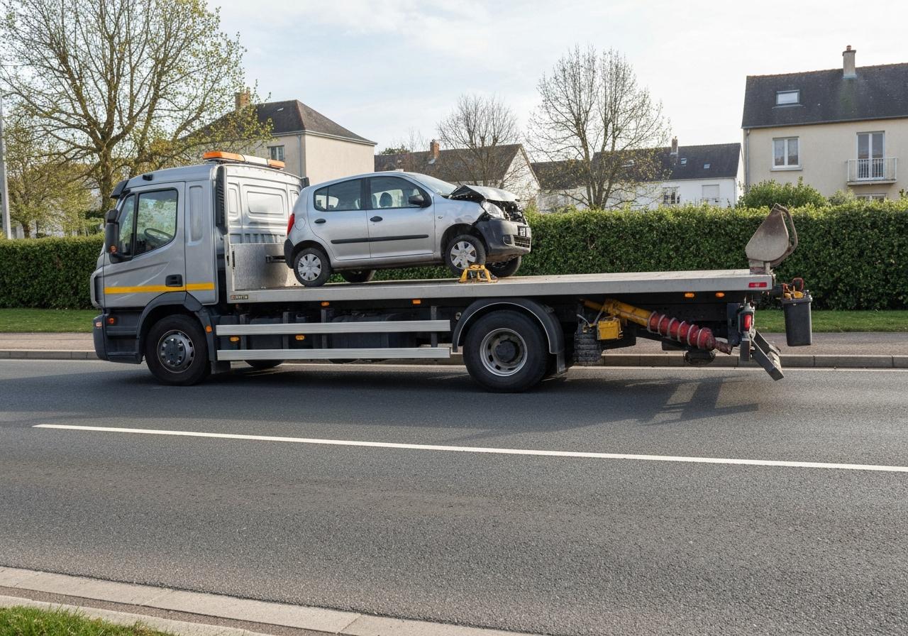 Camion plateau d'épaviste chargé d'une épave de voiture