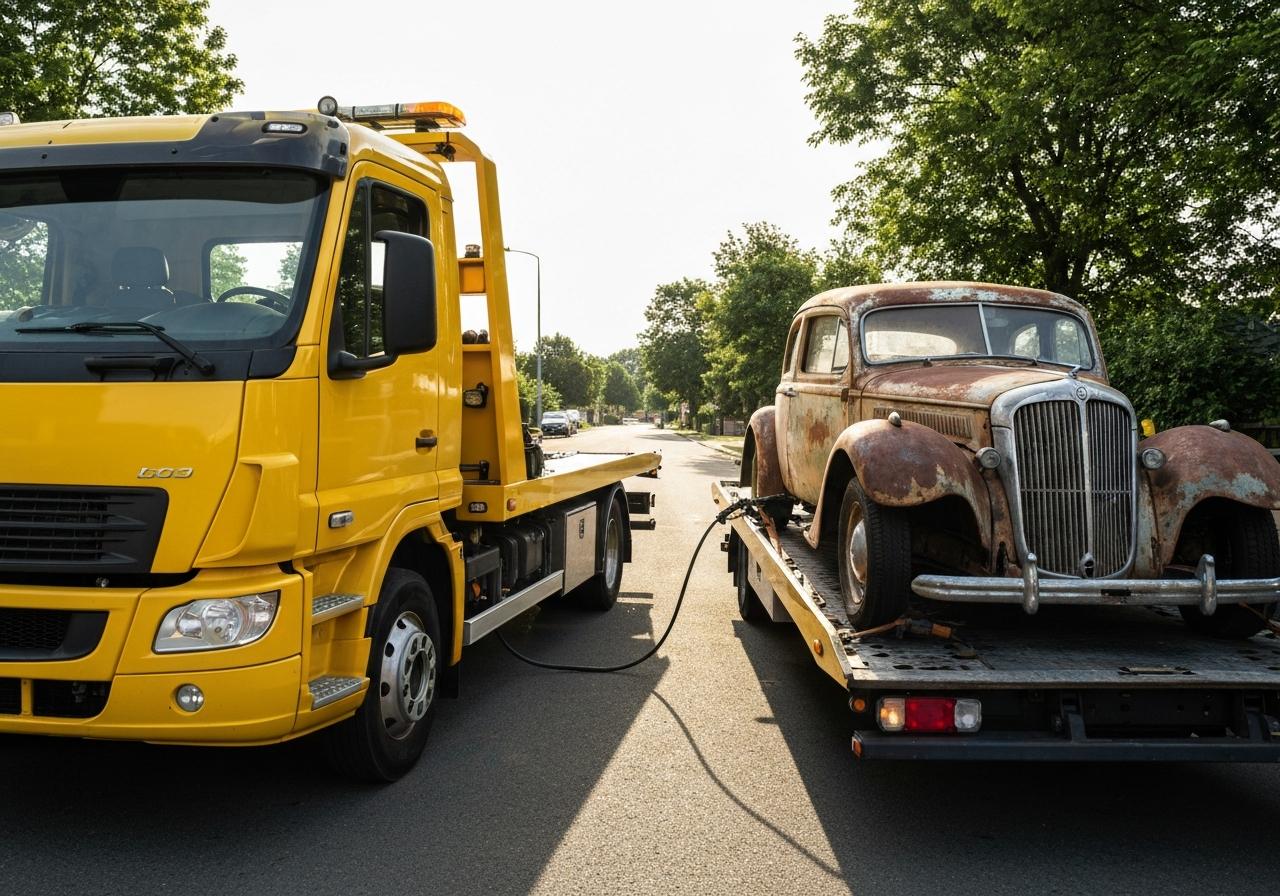 Dépanneuse chargeant une voiture épave abandonnée