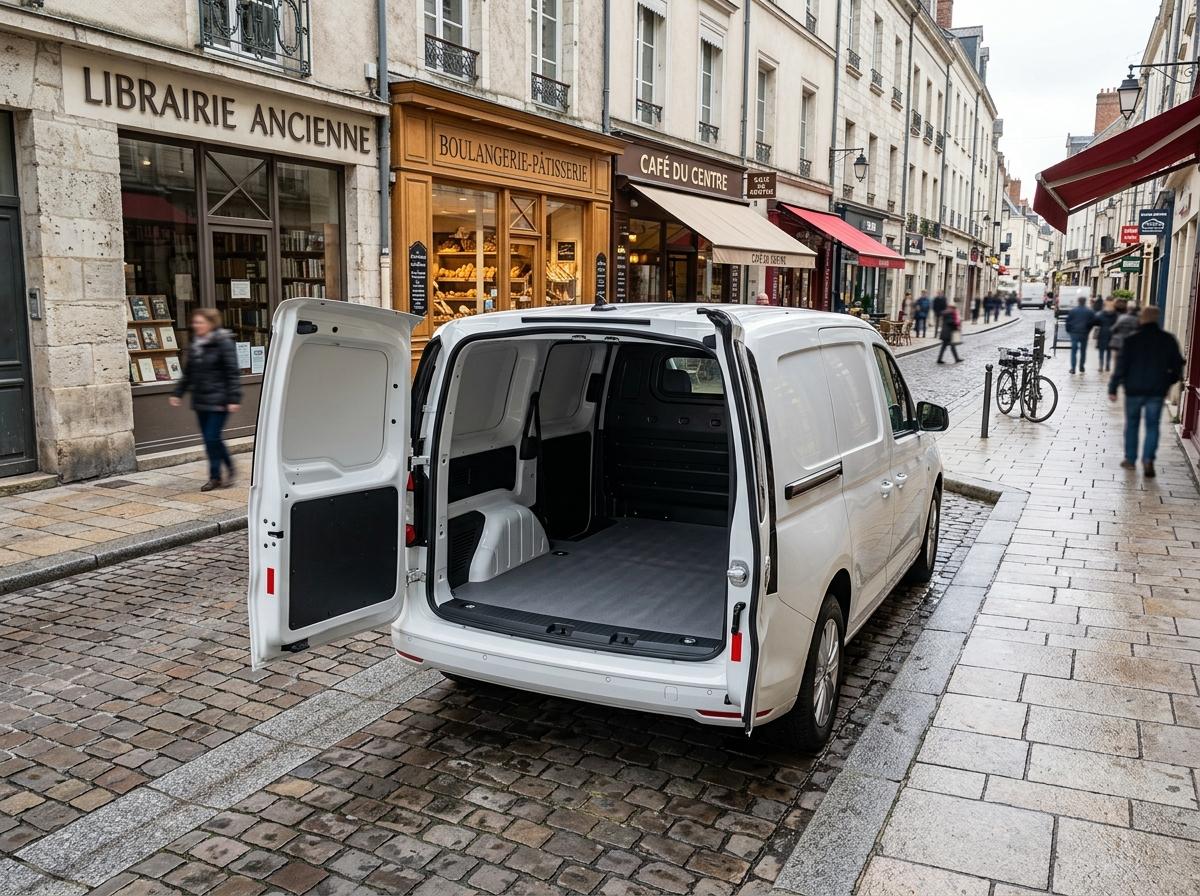 Caddy Cargo garé en centre-ville devant commerce
