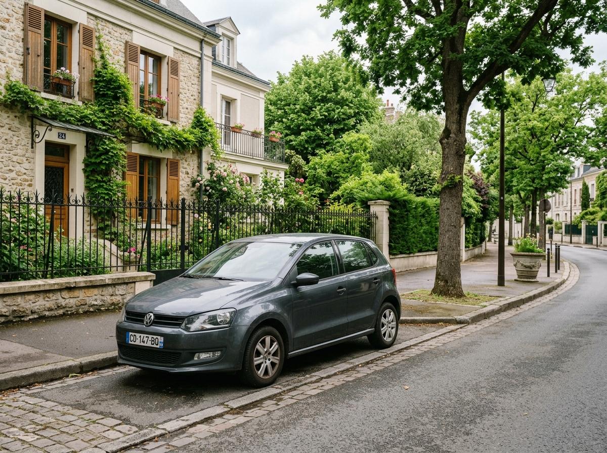 Petite voiture d'occasion garée dans une rue calme