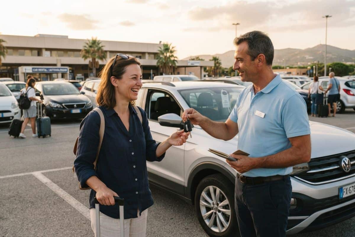 Femme recevant les clés d'une voiture de location sur un parking