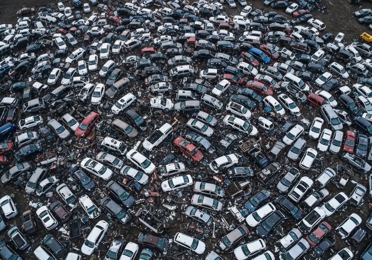 Véhicules hors d'usage entassés dans une casse automobile