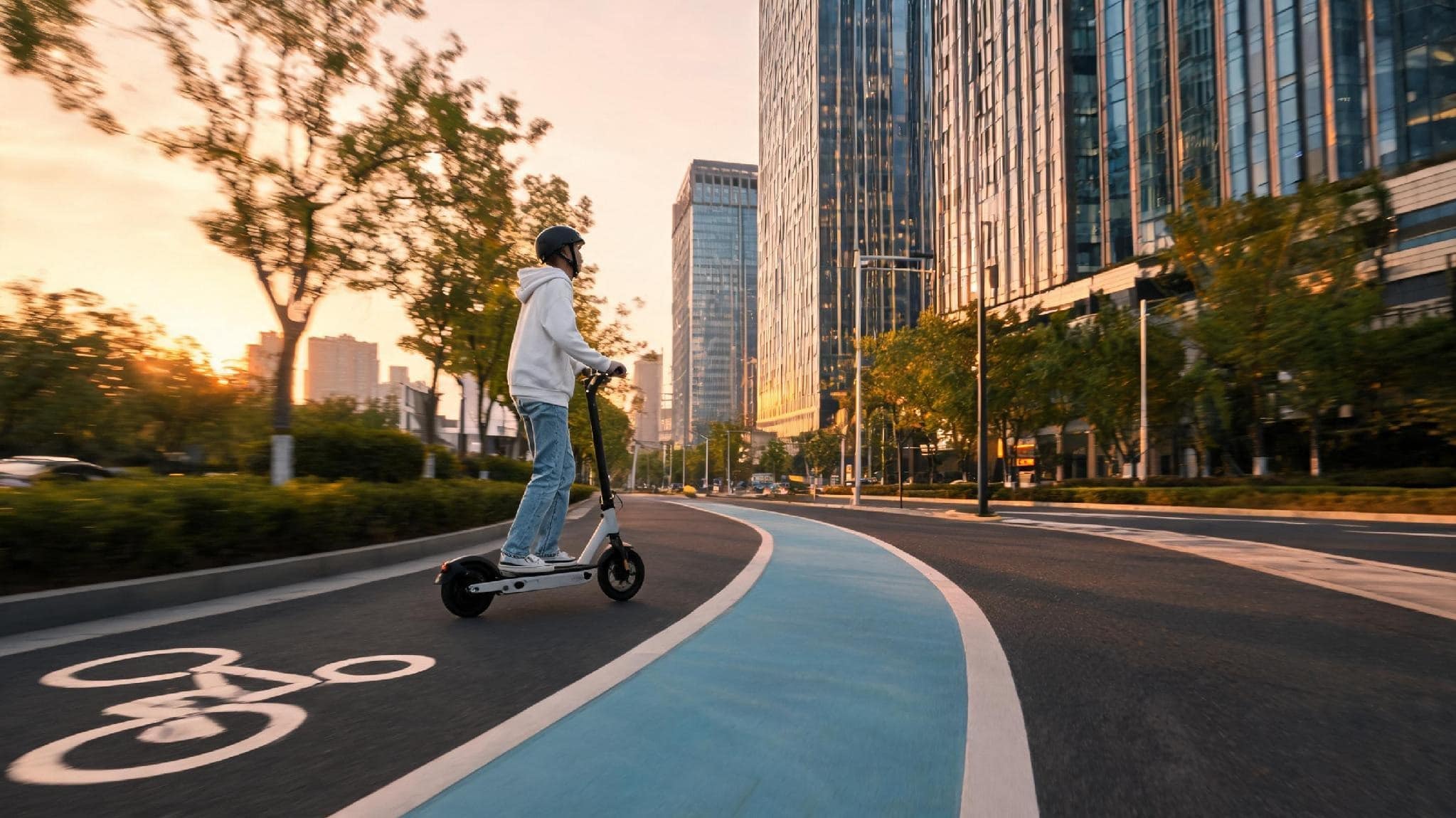 Homme en trottinette électrique sur piste cyclable