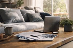 Ordinateur et documents sur table basse