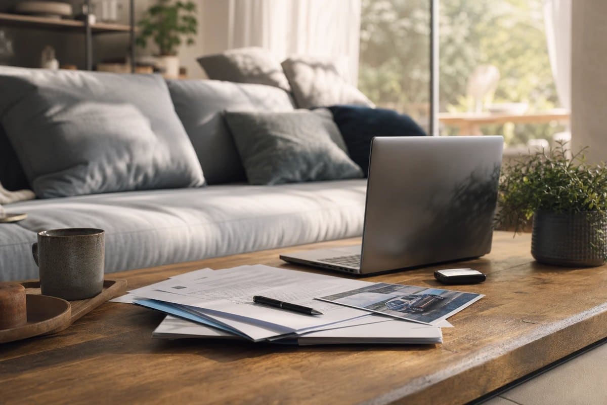 Ordinateur et documents sur table basse