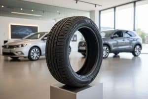 Pneu sur socle chez un concessionnaire auto