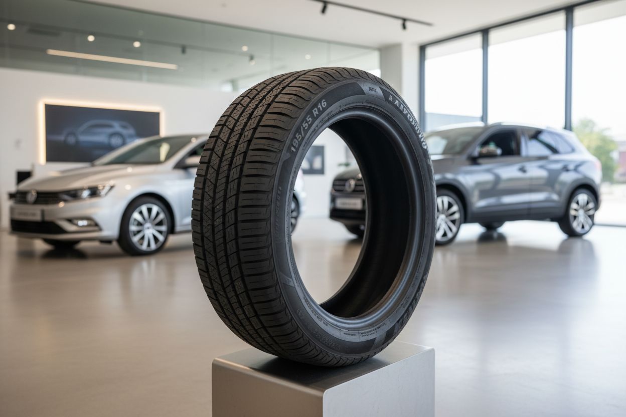Pneu sur socle chez un concessionnaire auto
