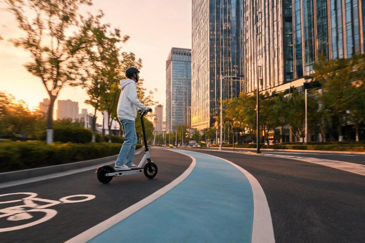Homme en trottinette électrique sur piste cyclable